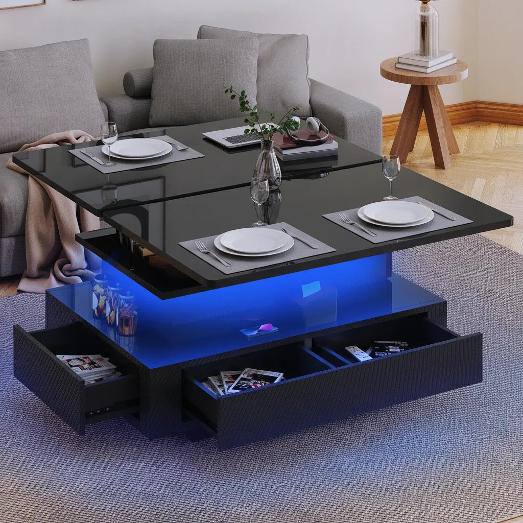 Table Basse Relevable et Extensible avec LED et 2 Tiroirs