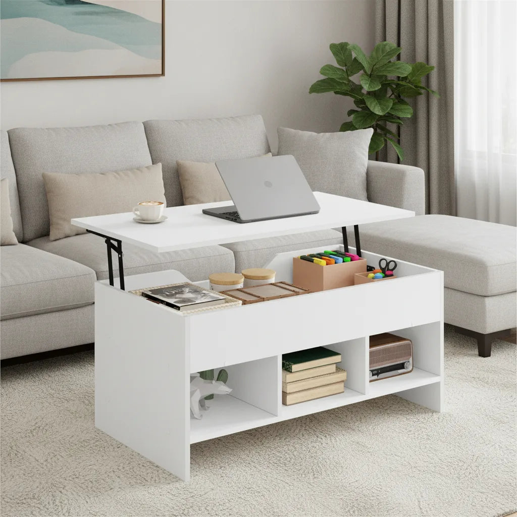 Table Basse Relevable Rectangulaire Blanche avec Rangement