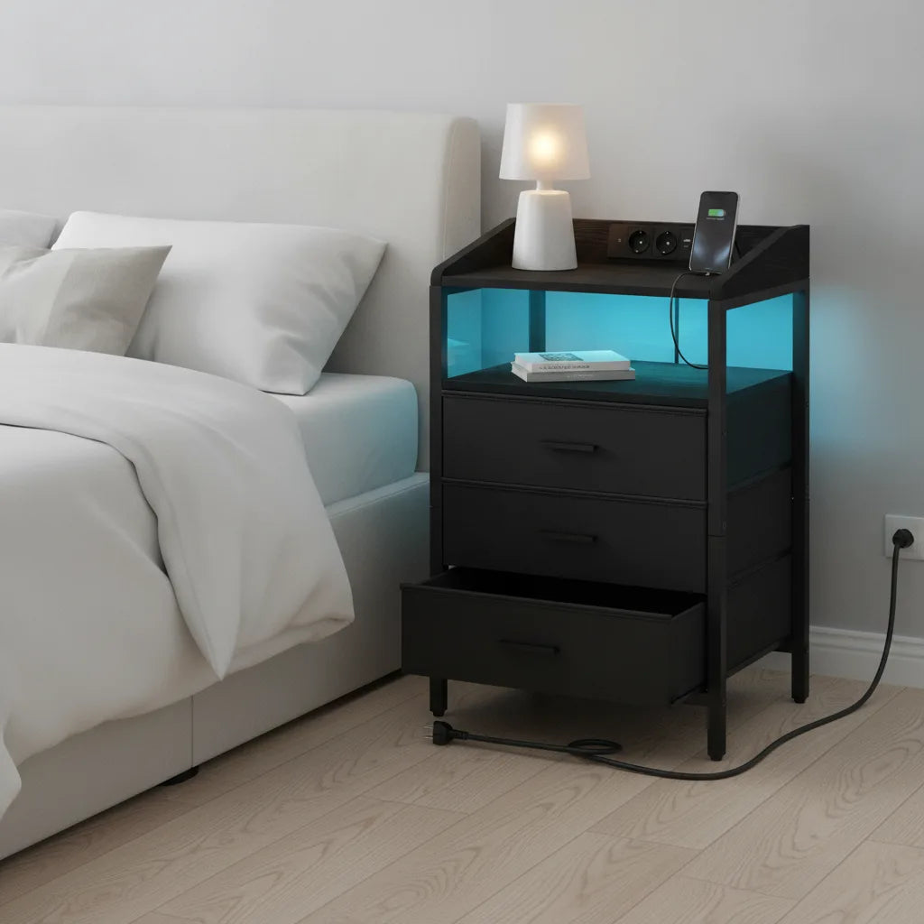 Table de Chevet LED avec Station de Charge et 3 Tiroirs