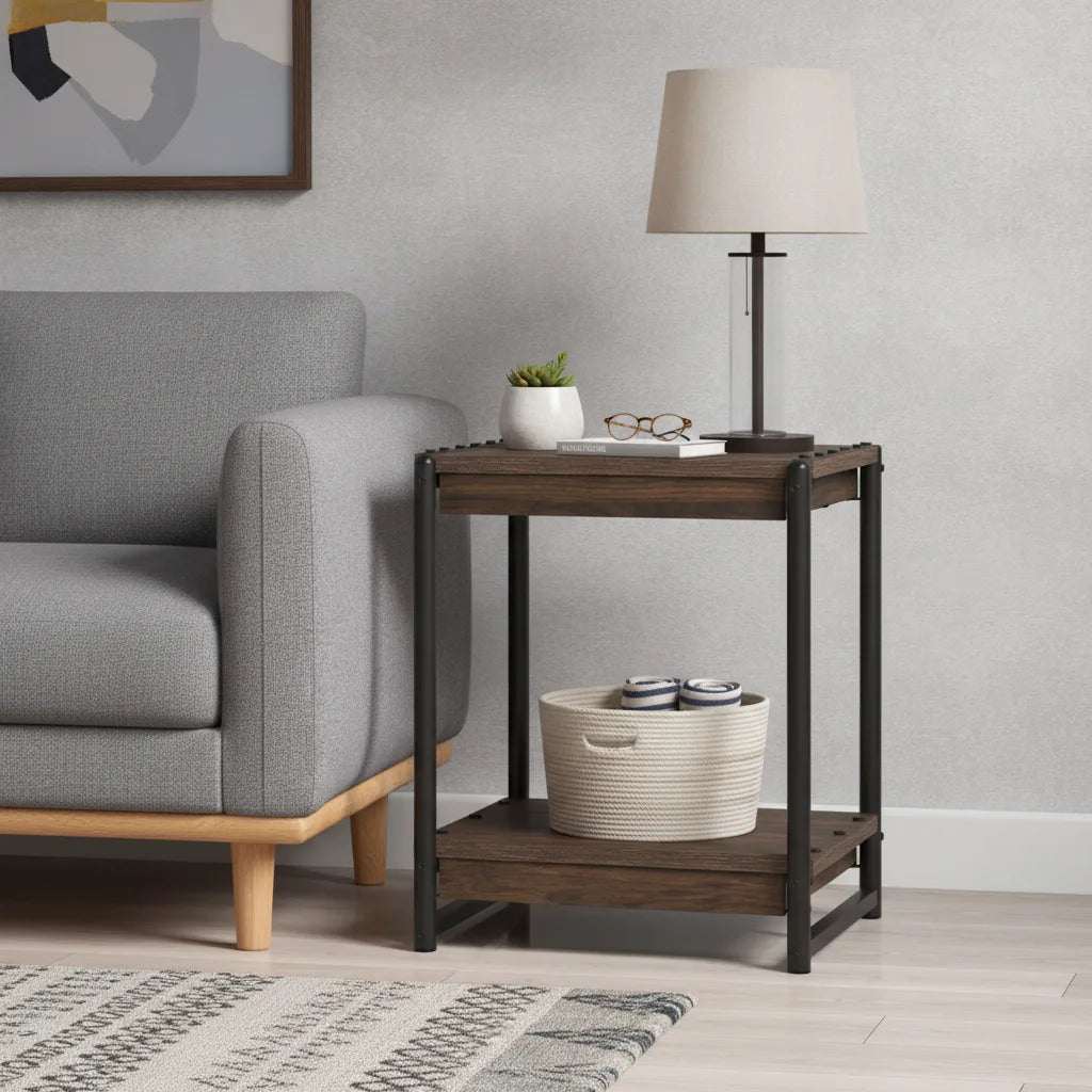 Table d’Appoint Industrielle à 2 Niveaux avec Rangement – Noyer Noir