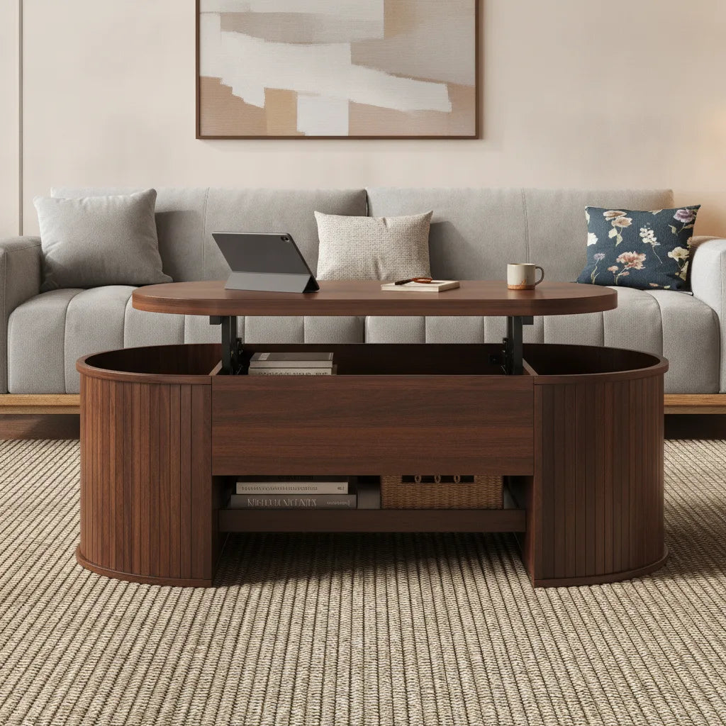 Table Basse Relevable avec Étagère Extensible et Côtés en Bois Courbés