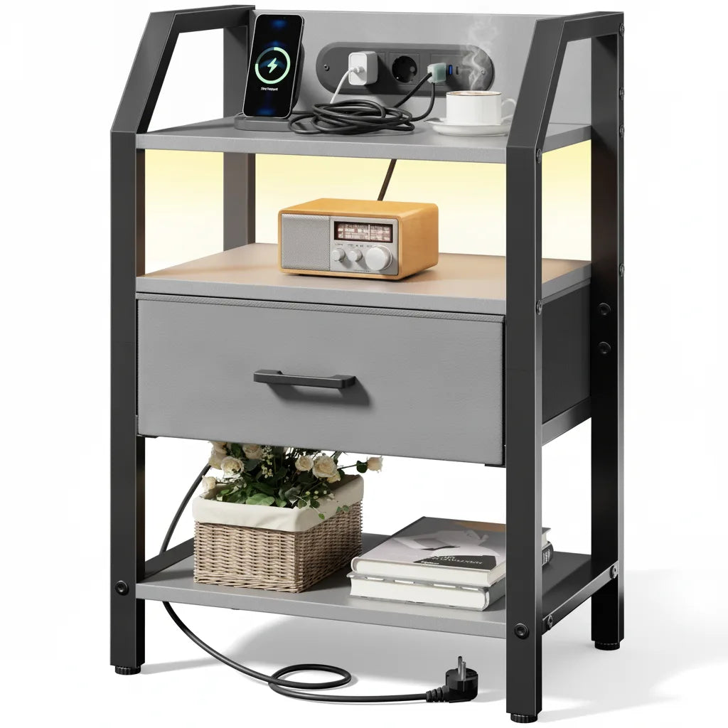 Table de Chevet avec Station de Charge USB et Prise Électrique
