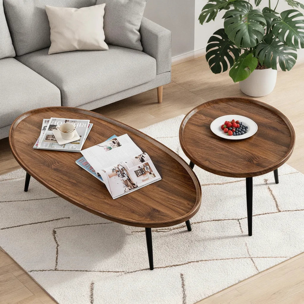 Lot de 2 Tables Basses Gigognes Rondes Finition Noyer