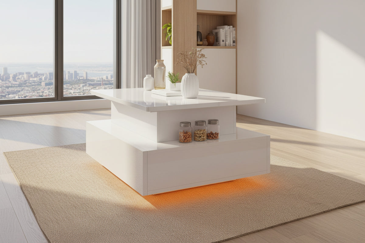 Table Basse Relevable Rectangulaire avec LED 16 Couleurs et 2 Tiroirs