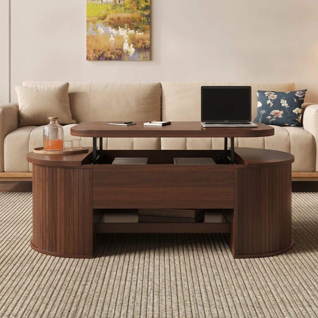 Table Basse Relevable avec Étagère Extensible et Côtés en Bois Courbés