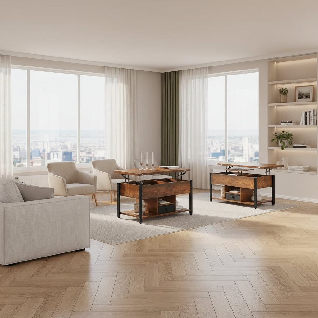 Table Basse Convertible Relevable avec Tiroirs de Rangement