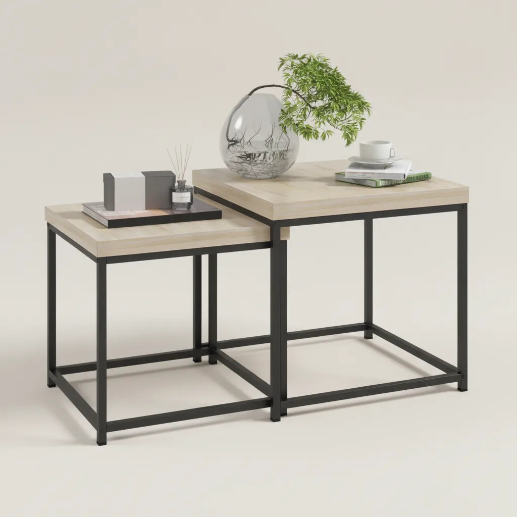 Lot de 2 Tables Basses Gigognes Carrées avec Cadre en Acier