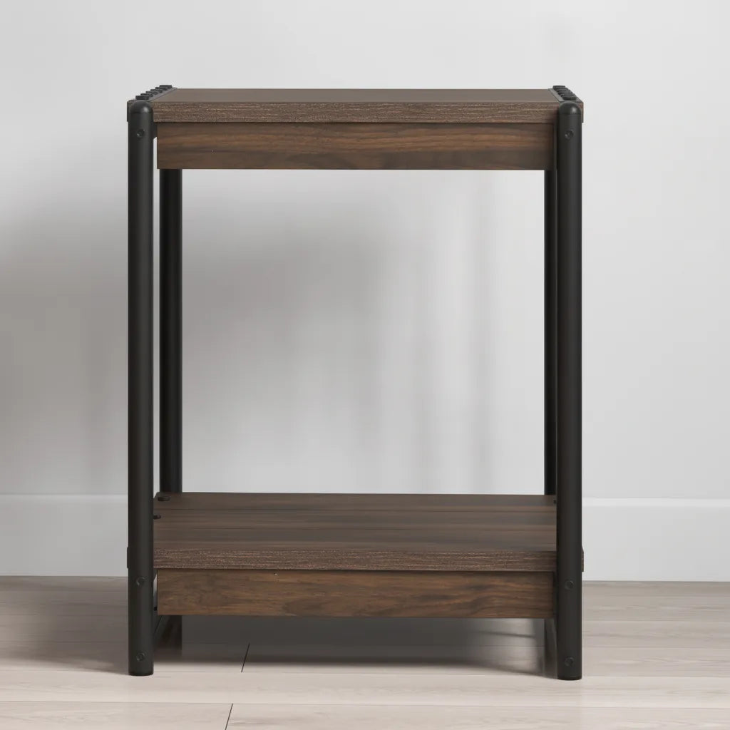 Table d’Appoint Industrielle à 2 Niveaux avec Rangement – Noyer Noir
