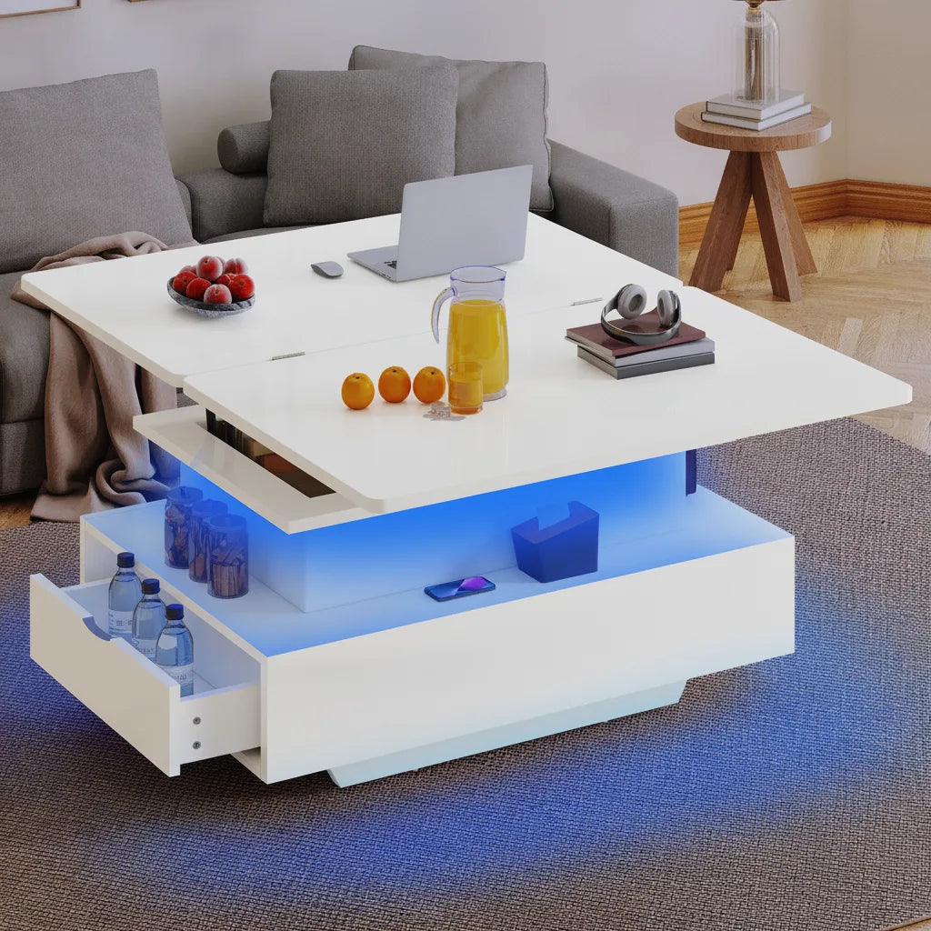 Table Basse Relevable et Extensible avec LED et 2 Tiroirs