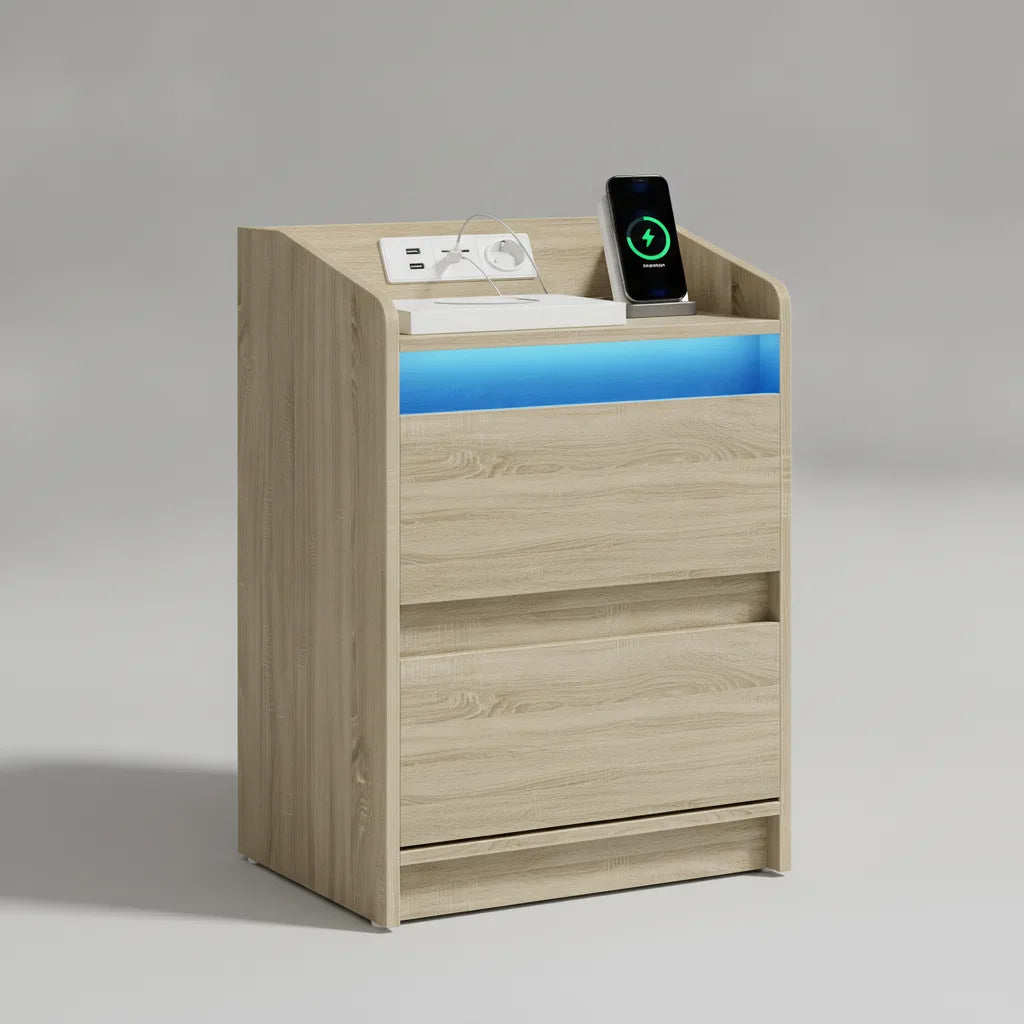Table de Chevet avec LED, USB, Prises et 2 Tiroirs