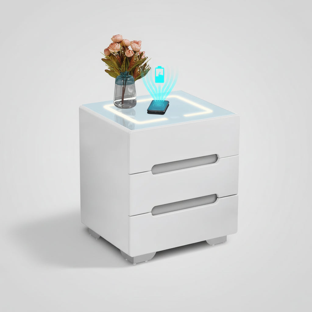 Table de Chevet avec Recharge Sans Fil et Éclairage LED