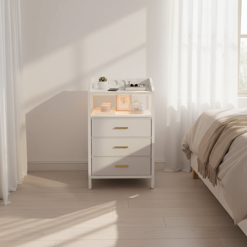 Table de Chevet LED avec Station de Charge et 3 Tiroirs