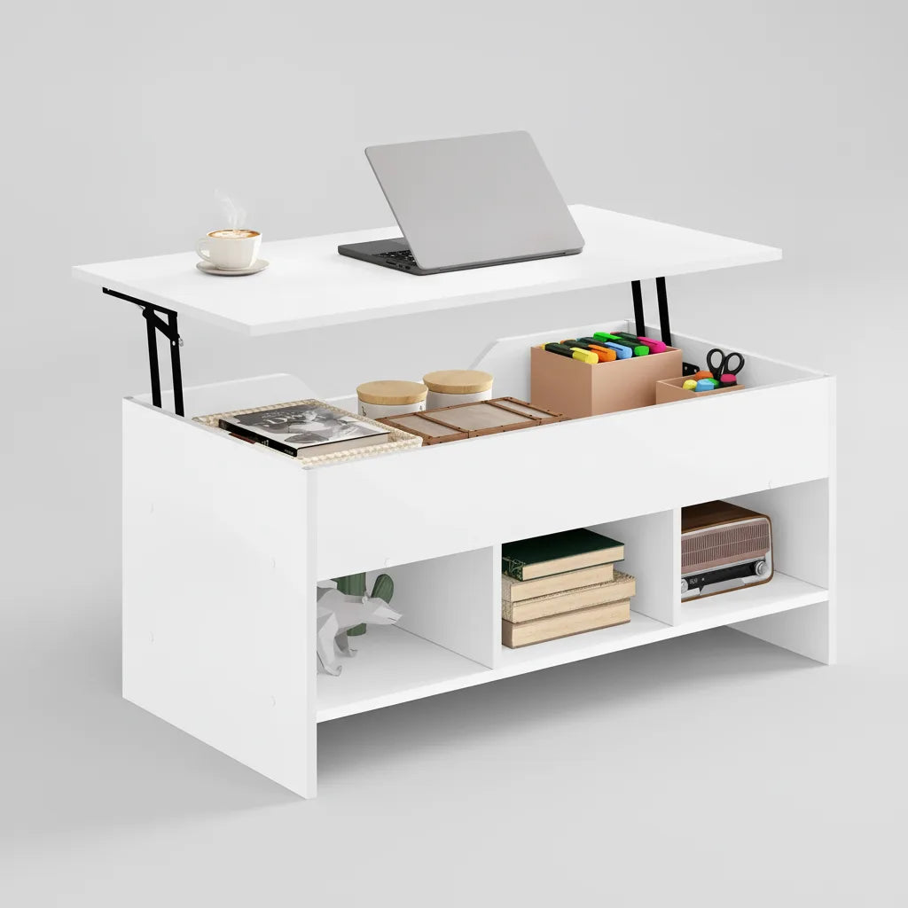 Table Basse Relevable Rectangulaire Blanche avec Rangement