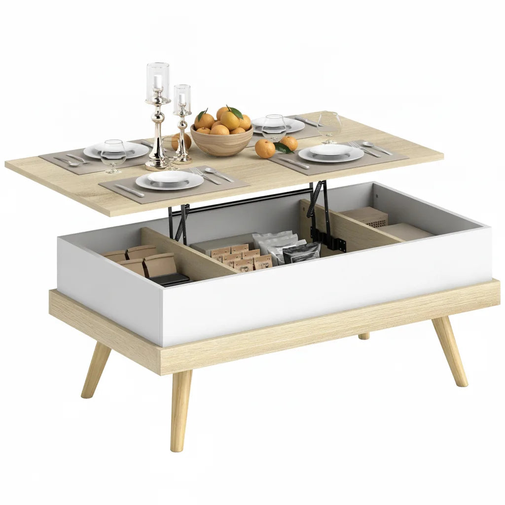 Table Basse Relevable 100 x 79 x 54 cm avec 3 Compartiments de Rangement
