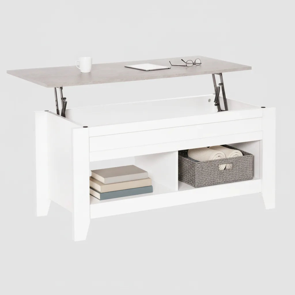 Table Basse Relevable 105 x 50 cm avec 2 Compartiments de Rangement
