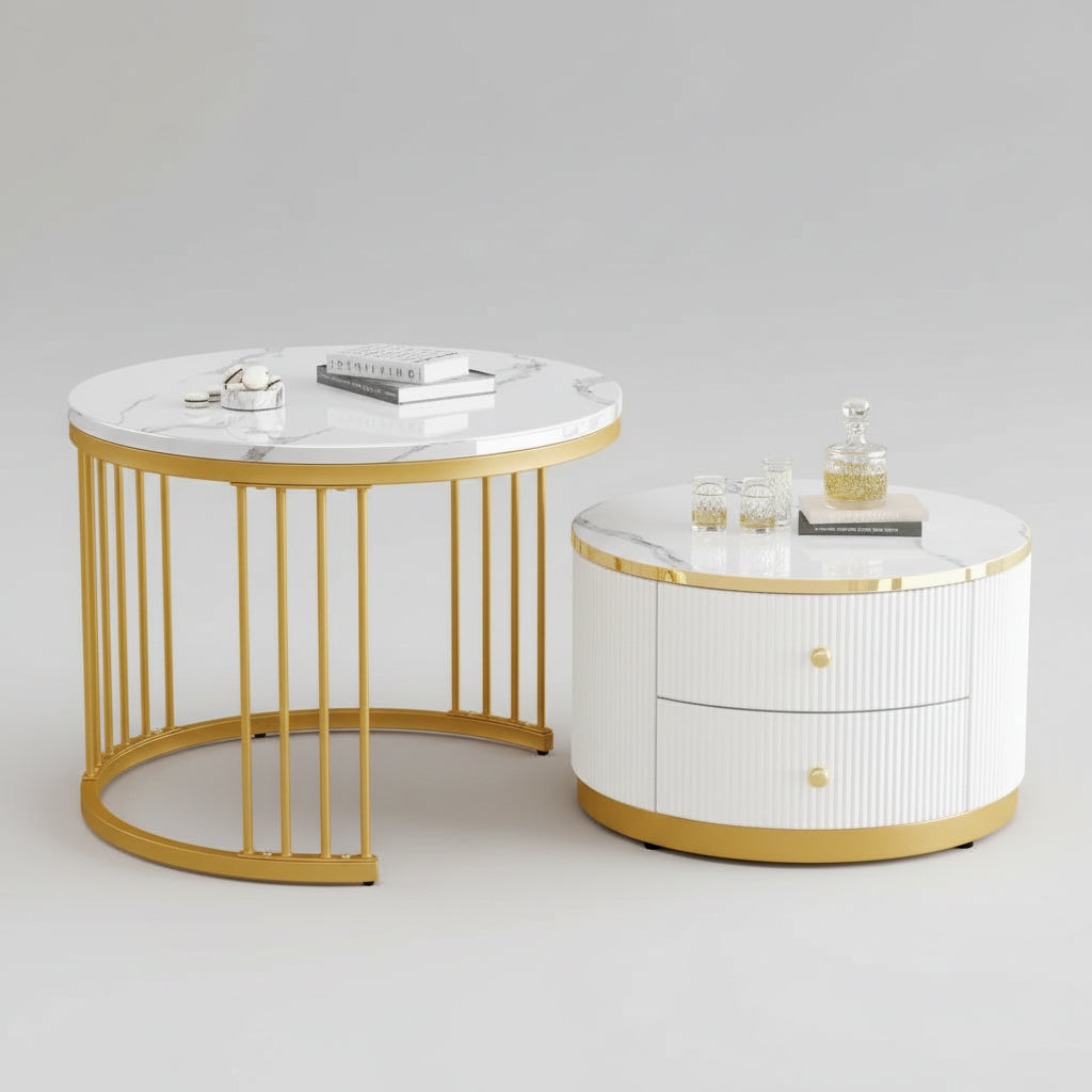 Lot de 2 Tables Basses Gigognes Rondes avec 2 Tiroirs
