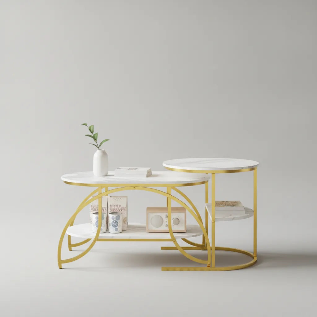 Lot de 2 Tables Basses Gigognes à Double Niveau avec Structure Métallique