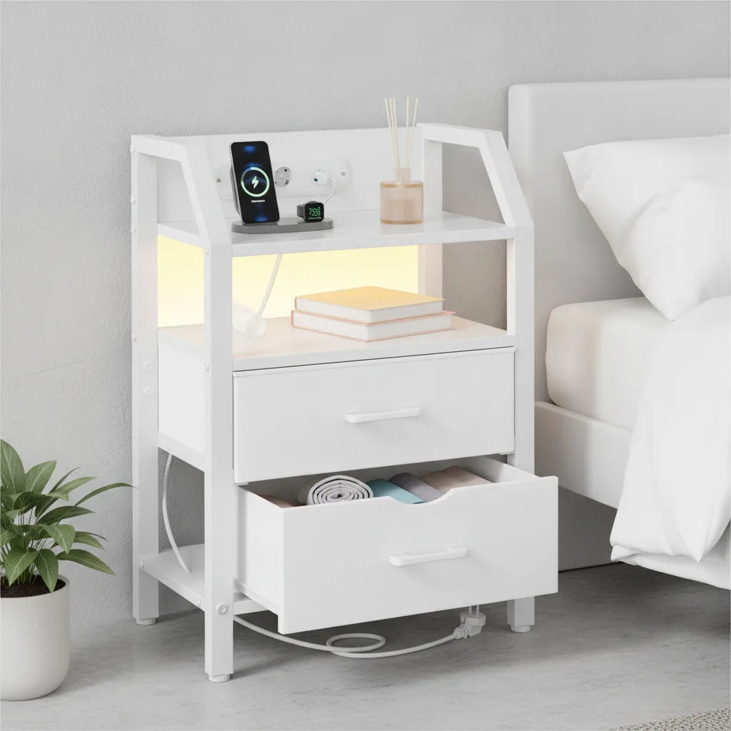 Table de Chevet avec Station de Charge USB et Prise Électrique