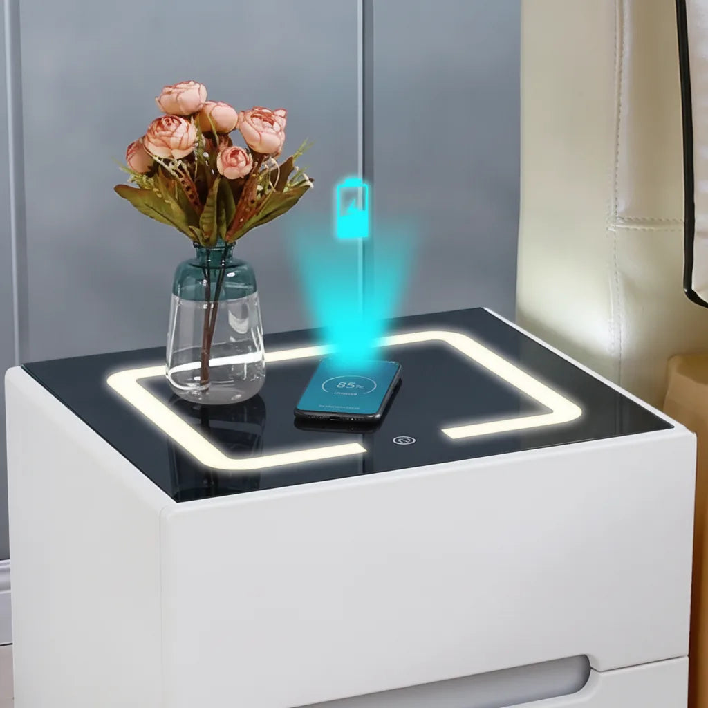 Table de Chevet avec Recharge Sans Fil et Éclairage LED