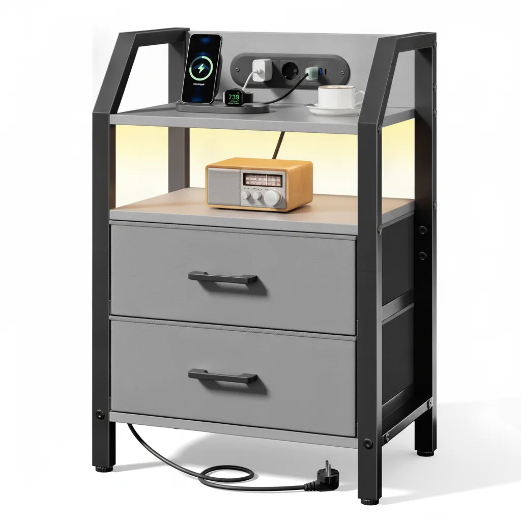 Table de Chevet avec Station de Charge USB et Prise Électrique