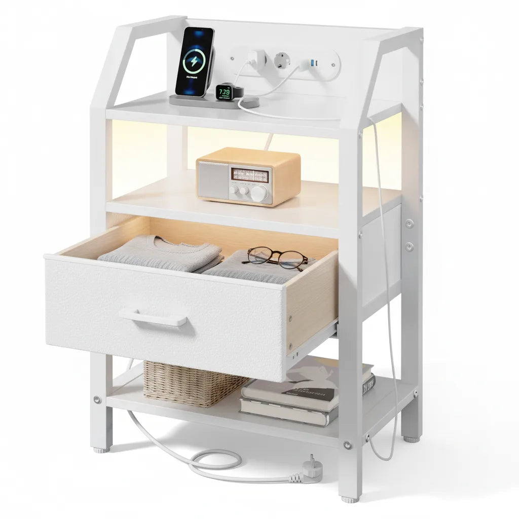 Table de Chevet avec Station de Charge USB et Prise Électrique