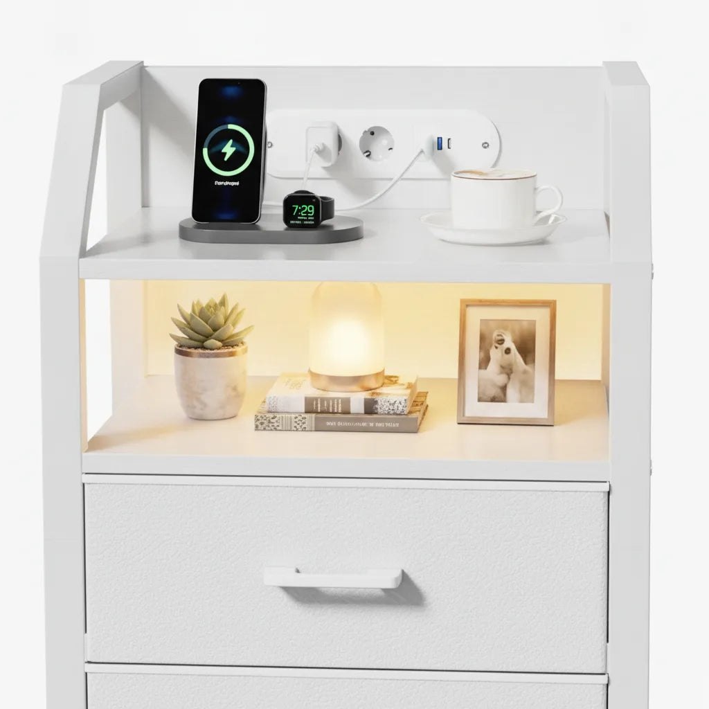 Table de Chevet avec Station de Charge USB et Prise Électrique