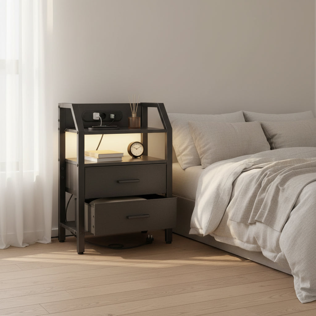 Table de Chevet avec Station de Charge USB et Prise Électrique
