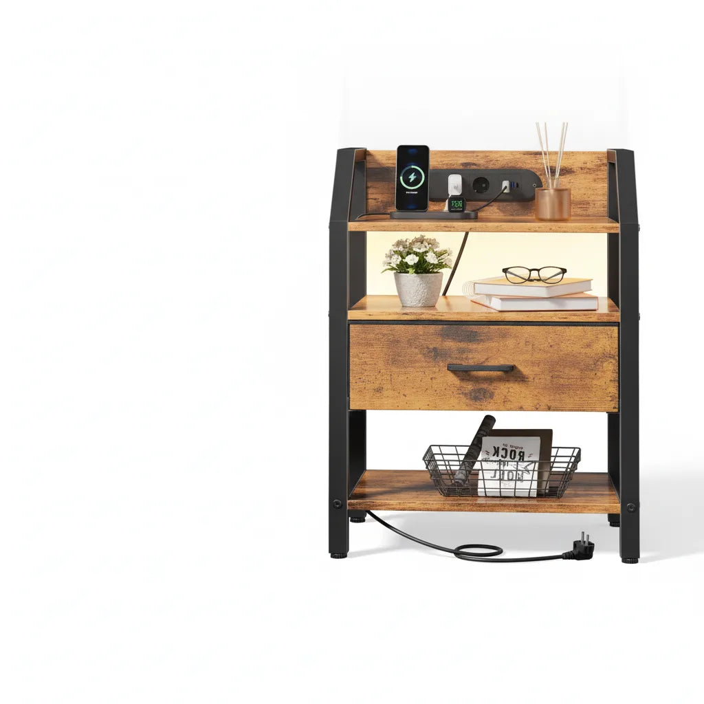 Table de Chevet avec Station de Charge USB et Prise Électrique