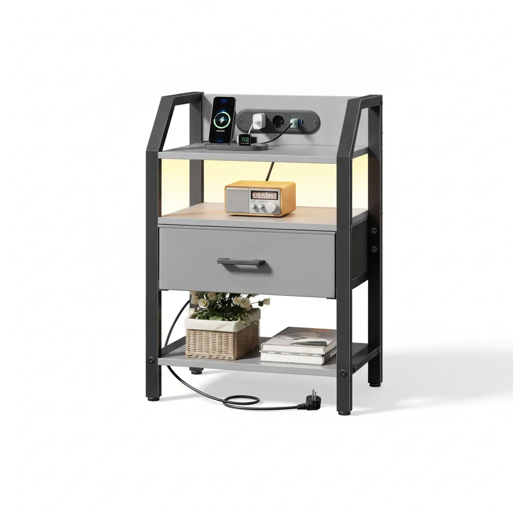Table de Chevet avec Station de Charge USB et Prise Électrique